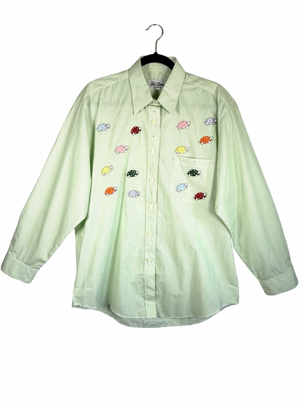 Get Lucky NWOT Green & White Pinstripe Embroidered Turtles Blouse Size Large